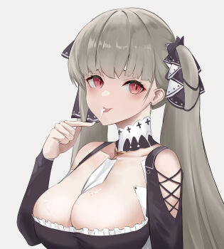 1girl absurdres azur_lane bare_shoulders between_breasts black_dress breasts chinese_commentary cleavage clothing_cutout commentary_request dress earrings formidable_(azur_lane) frilled_dress frills grey_hair highres jewelry large_breasts long_hair long_sleeves necktie necktie_between_breasts obniermarbiss red_eyes ribbon shoulder_cutout simple_background solo twintails two-tone_ribbon upper_body white_background