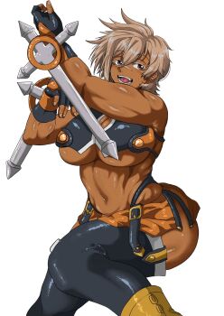 Rule 34 | 1girl, bare shoulders, blazblue, breasts, bullet (blazblue), commentary, cosplay, dark-skinned female, dark skin, grey hair, hair between eyes, highres, large breasts, makoto nanaya, makoto nanaya (cosplay), navel, open mouth, revealing clothes, scar, scar on face, scar on nose, shiny skin, short hair, simple background, smile, solo, stomach, underboob, white background, xkyvpxcscnmk8qp