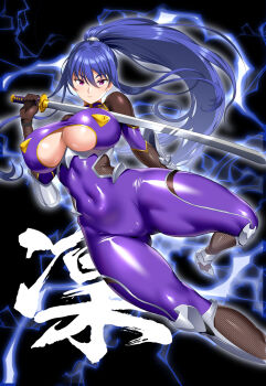 1girl akiyama_rinko armored_boots blue_hair bodysuit boots breasts brown_gloves cleavage closed_mouth clothing_cutout covered_erect_nipples covered_navel floating_hair foot_out_of_frame gauntlets gloves hair_between_eyes high_ponytail highres holding holding_sword holding_weapon hozumi_kenji katana large_breasts long_hair looking_at_viewer ponytail purple_bodysuit purple_eyes solo sword taimanin_(series) taimanin_suit taimanin_yukikaze thighs underboob underboob_cutout weapon