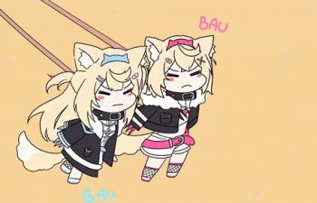 3girls animal_ears animated animated_gif blonde_hair blush bone_hair_ornament braid brown_hair chibi collar dog_ears dog_girl dog_tail dress fuwawa_abyssgard hair_ornament hairband hololive hololive_english inugami_korone inugami_korone_(1st_costume) jacket kneehighs leash mococo_abyssgard multiple_girls orange_eyes socks sound_effects tail twin_braids virtual_youtuber wan_wan white_dress
