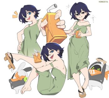 1girl :d ? @_@ absurdres alternate_costume artist_name bandana bandana_around_neck bangboo_(zenless_zone_zero) barefoot belle_(zenless_zone_zero) blue_eyes blue_hair bocchi_the_rock! cosplay dress drinking_straw eous_(zenless_zone_zero) green_dress hair_between_eyes hand_on_own_hip highres hiroi_kikuri hiroi_kikuri_(cosplay) off_shoulder once_11h open_mouth orange_bandana orange_scarf sandals scarf sharp_teeth simple_background single_sandal smile teeth tongue tongue_out voice_actor_connection zenless_zone_zero