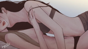 2girls black_hair black_panties bra breasts brown_hair commentary english_commentary film_grain girl_on_top grey_bra grey_pants hair_over_shoulder highres kiss kissing_neck kungwanla long_hair lying medium_breasts multiple_girls navel no_shirt on_back original panties pants parted_lips pink_lips signature stomach straight_hair topless_female underwear underwear_only yuri