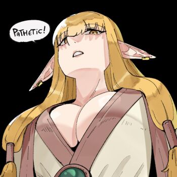 1girl blonde_hair breasts earclip elf gem green_gemstone hair_tubes jewelry large_breasts long_hair long_pointy_ears looking_at_viewer low-tied_sidelocks pointy_ears robe serie_(sousou_no_frieren) sidelocks simple_background solo sousou_no_frieren very_long_hair wanderjegson yellow_eyes