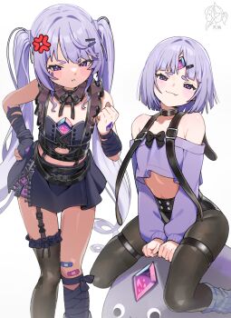 1girl 1other alternate_costume anger_vein asymmetrical_legwear bandaid bandaid_on_leg belt black_bow black_choker black_skirt blush bow chest_belt chest_jewel choker commentary crop_top face_jewel fang forehead_protector frilled_thighhighs frills gem hand_jewel hand_on_own_hip hand_up highres hololive hololive_english jewel_under_eye koseki_bijou koseki_bijou_(casual) long_hair long_sleeves looking_at_viewer miniskirt multicolored_gem multiple_belts off-shoulder_sweater off_shoulder official_alternate_costume official_alternate_hairstyle pantyhose pebble_(koseki_bijou) personification purple_eyes purple_gem purple_hair raised_inner_eyebrows simple_background single_leg_warmer single_thighhigh skirt smile smirk smug stomach sweater tenchi_mayo thighhighs twintails very_long_hair virtual_youtuber white_background