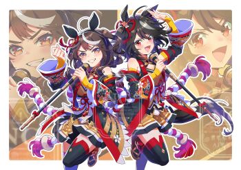 2girls animal_ears bare_shoulders black_hair black_thighhighs chanchanko_(clothes) commentary_request detached_sleeves dual_persona floral_print_sleeves hair_ribbon highres holding holding_microphone horse_ears horse_girl horse_tail kafuki_fuka kitasan_black_(crowning_ooban)_(umamusume) kitasan_black_(umamusume) kouhaku_nawa microphone multiple_girls orange_shirt orange_skirt red_eyes red_ribbon ribbon rope shimenawa shirt skirt standing standing_on_one_leg tail thighhighs thighs umamusume white_hair white_streaks yellow_arm_warmers