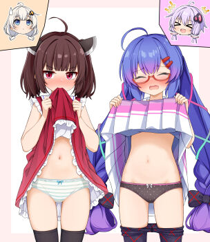 >_< 2girls absurdres ahoge blue_eyes blue_hair blush brown_hair closed_eyes clothes_lift clothes_pull commentary fang glasses gradient_hair hair_ornament hairclip highres kizuna_akari lifting_own_clothes long_hair mac_4229 medium_hair mouth_hold multicolored_hair multiple_girls otomachi_una panties pantyhose pantyhose_pull purple_hair red_eyes semi-rimless_eyewear shirt_lift skindentation sleeveless striped_clothes striped_panties tears thighhighs touhoku_kiritan twintails two-tone_hair underwear very_long_hair voiceroid yuzuki_yukari