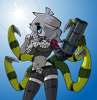 1girl blue_eyes breasts digimon digimon_(creature) fishnets goth_fashion gun looking_at_viewer oridigi original skull sponge_the_pug v weapon