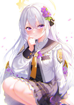 1girl absurdres angel_wings azusa_(blue_archive) black_dress blue_archive blurry blush chromatic_aberration closed_mouth commentary_request depth_of_field dress falling_petals feathered_wings flower frilled_dress frills hair_flower hair_ornament halo hand_up highres jacket long_hair long_sleeves low_wings neckerchief open_clothes open_jacket petals purple_eyes purple_flower smile solo squatting togami_(tobysou526) white_background white_hair white_jacket white_wings wing_ornament wings yellow_halo yellow_neckerchief