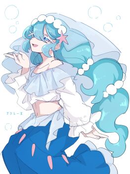 Rule 34 | 1girl, ayaka 488, blue eyes, blue hair, bubble, colored eyelashes, commentary request, crop top, gen 7 pokemon, hair ornament, half-closed eyes, hand up, highres, long hair, long sleeves, looking at viewer, midriff, multi-tied hair, navel, nintendo, off-shoulder shirt, off shoulder, open mouth, personification, pokemon, primarina, shirt, sketch, skirt, smile, solo, starfish hair ornament, translation request, veil, very long hair