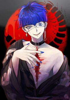 1boy black_background black_collar black_hair black_haori black_kimono blue_hair blue_nails centipede_print collar earrings eye_print eyepatch face_piercing facial_mark grey_background hand_up haori highres japanese_clothes jewelry kimfour kimono kimono_partially_removed labret_piercing male_focus multicolored_hair omokage_yugamu piercing print_eyepatch purple_eyes red_background scar scar_on_chest short_hair single_bare_shoulder smile stitching the_hundred_line_-last_defense_academy- three-toned_background upper_body