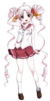 1girl :d ahoge arm_up brown_shoes buttons contrapposto drill_hair fang full_body hair_ornament hair_ribbon highres kneehighs loafers long_hair miniskirt necktie official_alternate_costume official_art onikko_hunter_tsuina-chan oohenri_saki open_mouth orange_eyes orange_ribbon parted_bangs pink_hair pleated_skirt pointy_ears red_sailor_collar red_skirt ribbon sailor_collar school_uniform second-party_source shirt shoes skin_fang skirt sleeveless sleeveless_shirt smile socks solo standing tie_clip transparent_background tsuina-chan twin_drills v v_over_head very_long_hair voiceroid white_necktie white_shirt white_socks