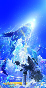 1girl absurdres animal arm_up black_cat black_hair blue_sky bubble bug butterfly cat cloud commentary_request dress fantasy field floating_hair flower flower_field flying_whale from_behind full_body harpoon harpoon_gun highres insect long_hair makoron117117 original oversized_object pink_butterfly scenery sky sleeveless sleeveless_dress standing standing_on_object star_(sky) sunflower valve whale white_dress