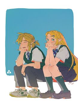 1boy 1girl =_= alternate_costume blonde_hair braid closed_mouth contemporary crown_braid earrings green_eyes hair_ornament hairclip hands_on_own_face head_rest highres invisible_chair jewelry link lip_(lih8) loafers long_hair looking_at_viewer nintendo pleated_skirt pointy_ears ponytail princess_zelda school_uniform shoes short_ponytail sitting skirt sleepy sneakers squeans teardrop the_legend_of_zelda the_legend_of_zelda:_breath_of_the_wild very_long_hair