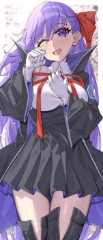 Rule 34 | 1girl, absurdres, bb (fate), black coat, black skirt, blush, breasts, coat, commentary, crying, crying with eyes open, fate/grand order, fate (series), gloves, highres, large breasts, long hair, looking at viewer, one eye closed, open mouth, purple eyes, purple hair, skirt, smile, solo, tears, toukan, white gloves