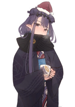 1girl black_scarf braid bun_with_braided_base commentary diamond_hairband english_commentary hair_bun haori hat highres hololive hololive_english japanese_clothes kimono light_frown long_hair looking_at_viewer malvar mole mole_under_eye ninomae_ina'nis ninomae_ina'nis_(new_year) official_alternate_hairstyle pointy_ears purple_eyes purple_hair purple_kimono santa_hat scarf simple_background solo tentacle_hair virtual_youtuber white_background