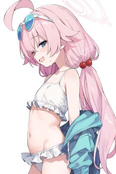 1girl absurdres ahoge aqua_jacket bikini blue_archive blue_eyes breasts collarbone cowboy_shot eyewear_on_head frilled_bikini frills from_side groin hair_flaps halo heterochromia highres hoshino_(blue_archive) hoshino_(swimsuit)_(blue_archive) huge_ahoge jacket light_blush long_hair looking_at_viewer low_twintails navel off_shoulder official_alternate_costume official_alternate_hairstyle open_clothes open_jacket pink_hair pink_halo sidelocks simple_background small_breasts solo standing sweat swimsuit tateishi_kureha twintails white_background white_bikini