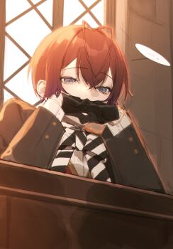 1boy absurdres antenna_hair bimiwasabi black_gloves gloves green_eyes highres holding_own_hand looking_down night_raven_college_school_uniform red_hair riddle_rosehearts school_uniform trap twisted_wonderland window