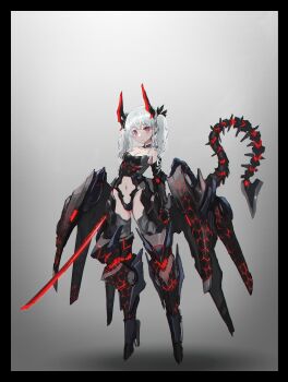 1girl absurdres breasts expressionless full_body grey_hair highres horns katana looking_at_viewer mecha_musume mechanical_horns mechanical_tail navel oota_youjo original pointy_ears red_eyes science_fiction small_breasts solo sword tail twintails weapon