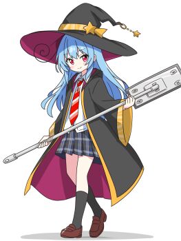 Rule 34 | 1girl, black hat, black socks, blue hair, blue skirt, blush, brown shoes, closed mouth, coat, collared shirt, commentary request, dot nose, full body, hat, highres, holding, holding mop, hood, hooded coat, kotatsu-mazoku, long hair, long sleeves, looking at viewer, mop, necktie, open clothes, open coat, original, plaid clothes, plaid skirt, pleated skirt, red eyes, red necktie, shirt, shoes, simple background, skirt, smile, socks, solo, standing, striped clothes, striped necktie, white background, white shirt, wide sleeves, witch hat