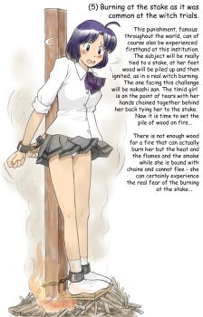 1girl ahoge arms_behind_back bad_id bad_pixiv_id blue_hair breasts burning chain english_text execution feet female_focus fire hard-translated highres panties pantyshot peril sachisuke_masumura scared shirt short_hair simple_background skirt skirt_flip small_breasts socks solo stake third-party_edit translated underwear upskirt white_background white_panties white_shirt