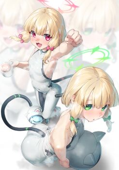 2girls :d absurdres arm_up armpits ass bare_arms bare_shoulders bent_over blonde_hair blue_archive blush bodysuit breasts cat_tail cup green_eyes halo helmet highres holding holding_cup hot hot_chocolate loli long_hair looking_at_viewer midori_(blue_archive) momoi_(blue_archive) multiple_girls official_alternate_costume open_mouth siblings sisters small_breasts smile space_helmet steam steaming_body sweat tail twins unworn_headwear very_sweaty walking_nakta white_bodysuit