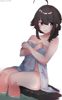 1girl black_hair blue_eyes highres kantai_collection long_hair miron_(mirona33) naked_towel shigure_(kancolle) shigure_kai_ni_(kancolle) sideways_glance simple_background sitting soaking_feet solo towel water white_background