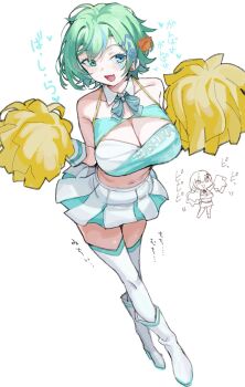 Rule 34 | 1girl, bare shoulders, blue eyes, boots, breasts, cheerleader, cleavage, cleavage cutout, clothing cutout, commentary request, crop top, detached collar, full body, green eyes, green hair, green sports bra, heterochromia, highres, holding, holding pom poms, large breasts, looking at viewer, miniskirt, navel, open mouth, original, pom pom (cheerleading), pom poms, sharekoube, short hair, skirt, smile, solo, sports bra, thighhighs, translation request, white boots, white skirt, white sports bra, white thighhighs