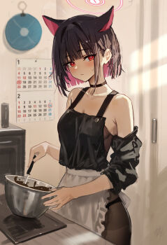 Rule 34 | 1girl, animal ears, apron, bare shoulders, black apron, black choker, black hair, black pantyhose, blue archive, blunt ends, bowl, breasts, calendar (object), cat ears, cat girl, choker, closed mouth, colored inner hair, commentary request, cooking, detached sleeves, extra ears, frilled apron, frills, halo, hidulume, highres, holding, holding bowl, holding whisk, indoors, kazusa (blue archive), looking at viewer, medium breasts, multicolored hair, pantyhose, pink hair, pink halo, red eyes, short hair, solo, whisk, white apron