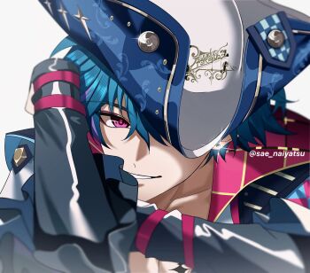 Rule 34 | 1boy, blue hair, brant (wuthering waves), collarbone, commentary, grey background, hair between eyes, hand up, hat, highres, looking at viewer, male focus, multicolored hair, parted lips, pink eyes, portrait, sae naiyatsu, simple background, smile, solo, streaked hair, tacet mark (wuthering waves), tricorne, twitter username