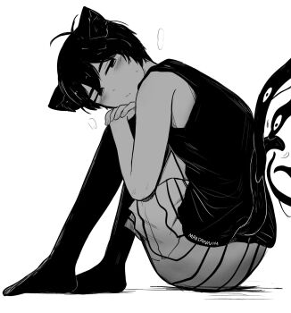 1boy animal_ears black_eyes black_hair black_shorts black_tank_top black_thighhighs blush cat_ears cat_tail closed_mouth colored_skin commentary english_commentary highres kemonomimi_mode knees_up looking_at_viewer maisani omori omori_(omori) shorts simple_background sitting solo something_(omori) striped_clothes striped_shorts tail tank_top thighhighs twitter_username two-tone_shorts vertical-striped_clothes vertical-striped_shorts white_background white_shorts white_skin