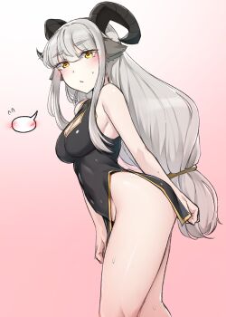 Rule 34 | 1girl, animal ears, bare shoulders, black dress, blush, breasts, china dress, chinese clothes, cleavage cutout, clothing cutout, commentary, covered navel, dress, dress tug, from side, goat horns, gradient background, grey hair, highres, horizontal pupils, horns, k0ng, long hair, looking at viewer, looking to the side, medium breasts, no panties, original, short dress, simple background, solo, speech bubble, spoken blush, standing, untranslatable commentary, very long hair, yellow eyes