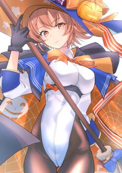1girl absurdres ass black_gloves black_pantyhose blue_hat breasts broom brown_eyes brown_hair cape flipped_hair gloves halloween_costume hat highleg highleg_leotard highres jack-o&#039;-lantern_hat_ornament jack-o&#039;-lantern_print kantai_collection leotard looking_at_viewer medium_breasts official_alternate_costume orange_cape pantyhose richard_p._leary_(halloween)_(kancolle) richard_p._leary_(kancolle) richard_p._leary_kai_(kancolle) short_hair simple_background sleeved_leotard solo spider_web_print star_(symbol) star_print super_highleg thigh_gap tsukasa_(tukasa_br) two-sided_cape two-sided_fabric two-tone_cape white_background white_leotard witch_hat