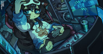 1girl :o animal_ear_fluff animal_ears bags_under_eyes black_hair black_thighhighs blue_eyes blue_hair blue_hoodie can cat_ears cat_girl chair commentary_request controller drink_can feet game_controller hand_on_own_head holding holding_controller holding_game_controller hood hood_down hoodie indoors joystick kotoba_(1074421015) long_hair long_sleeves looking_at_viewer mask mask_on_head monitor monster_energy multicolored_hair on_chair open_mouth original playing_games sitting sleep_mask solo stirrup_legwear streaked_hair thighhighs toeless_legwear toes two-tone_hair two-tone_hoodie very_long_hair white_hoodie