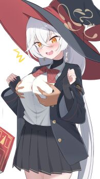 1girl absurdres black_coat black_hat black_skirt blue_archive blush bow bowtie breasts button_gap coat disembodied_hand eri_(blue_archive) grabbing_another's_breast grabbing_from_behind grey_hair groping hair_between_eyes halo hat highres kirisame_oreo large_breasts long_hair looking_down open_mouth pleated_skirt red_bow red_bowtie red_hat shirt skirt smile tearing_up two-tone_hat white_shirt witch_hat yellow_eyes yellow_halo