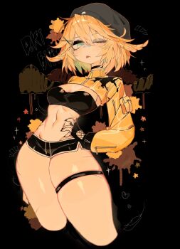 1girl :p alternate_costume bandeau beanie black_background black_bandeau black_gloves black_hat black_shorts blonde_hair breasts choker closed_mouth commentary cropped_legs dokibird dolphin_shorts fingerless_gloves gloves green_eyes hair_between_eyes hair_ornament hand_on_own_hip hat highres indie_virtual_youtuber long_sleeves looking_at_viewer short_hair short_shorts shorts shrug_(clothing) small_breasts solo stomach thigh_strap thighs tongue tongue_out usa37107692 virtual_youtuber x_hair_ornament yellow_shrug