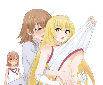 +_+ 3girls :o age_difference blonde_hair blush breasts brown_eyes brown_hair clothes_lift drunk elbow_gloves embarrassed gloves gym_uniform highres large_breasts long_hair mature_female misaka_mikoto misaka_misuzu molestation mother_and_daughter multiple_girls naughty_face no_bra open_mouth shaded_face shirt shirt_lift shokuhou_misaki short_hair simple_background smile sparkling_eyes spider_web_print squeans toaru_kagaku_no_railgun toaru_kagaku_no_railgun_t toaru_majutsu_no_index underboob undressing_another viperxtr white_background white_gloves white_shirt yuri