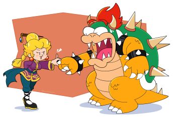 1girl :3 armlet black_footwear blonde_hair blue_pants blue_sash bowser bracelet braid braided_ponytail changpao chinese_clothes claws colored_skin constricted_pupils earrings finger_grab fingernails green_skin half_updo highres holding jewelry kung_fu_panda kung_fu_peach mario_(series) mayo_(funnyhoohooman) nervous nervous_sweating nintendo official_alternate_costume official_alternate_hairstyle open_mouth orange_skin pants parody pinky_out princess_peach princess_peach:_showtime! purple_shawl red_hair sash scared scene_reference sharp_fingernails sharp_toenails shawl sphere_earrings spiked_armlet spiked_bracelet spiked_shell spikes sweat toenails topknot turtle_shell wide-eyed