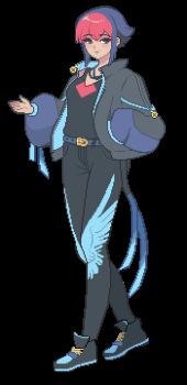 1girl animated animated_gif belt black_jacket black_pants black_tank_top blue_belt blue_hair breasts commentary full_body highres jacket jewelry looping_animation medium_breasts mimpish multicolored_hair necklace original pants pixel_art red_hair shoes short_hair_with_long_locks sidelocks sneakers solo tank_top two-tone_hair zipper_pull_tab