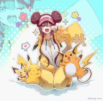 1girl absurdres alternate_costume brown_hair commentary_request double_bun flower_symbol gen_1_pokemon gen_2_pokemon green_eyes hair_bun hair_over_shoulder hand_up happy highres jinbin825 long_hair long_sleeves looking_at_viewer nintendo one_eye_closed onesie open_mouth outline pichu pikachu pokemon pokemon_(creature) pokemon_bw2 raichu rosa_(pokemon) signature sitting sparkle teeth upper_teeth_only visor_cap