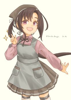 Rule 34 | 1girl, absurdres, apron, bandana, black hair, brown bandana, brown skirt, collared shirt, commentary request, cowboy shot, grey apron, highres, index finger raised, kantai collection, nankai (kancolle), one-hour drawing challenge, pink shirt, pleated skirt, pot-de, red eyes, shirt, side ponytail, skirt, smile, solo, thighhighs, twitter username, white background, white thighhighs