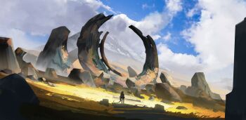 1other absurdres ambiguous_gender backpack bag blue_sky cloud cloudy_sky commentary_request day haruaki_(onkai_planaria) highres landscape mountain original outdoors ruins scenery shade shadow sky standing tail wide_shot
