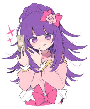 1girl :q banknote between_fingers blunt_bangs bow closed_mouth flipped_hair flower hair_bow hair_flower hair_ornament hanazono_shuka hands_up holding holding_money idol_clothes idol_time_pripara long_hair long_sleeves looking_at_viewer money nojima_minami pink_bow ponytail pretty_series pripara purple_eyes purple_hair simple_background smile solo sparkle tongue tongue_out upper_body white_background