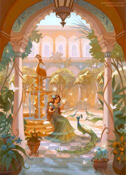 1girl aqua_trim bird blue_dress blue_flower blue_sky brown_hair bug butterfly circlet column courtyard dappled_sunlight day dress flower fountain from_inside gold_circlet gold_trim hair_flower hair_ornament insect jewelry lamp long_hair magic maxine_vee middle_eastern_architecture orange_flower original patreon_username peacock pillar plant planter potted_plant puffy_short_sleeves puffy_sleeves railing scenery short_sleeves signature sky smile solo sparkle sunlight teeth tile_floor tiles tree upper_teeth_only very_long_hair white_butterfly