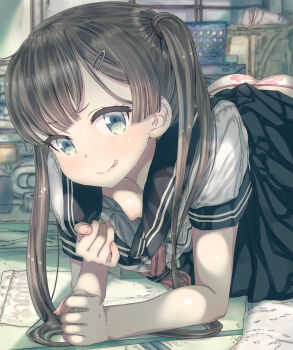 1girl :p all_fours ass black_hair black_sailor_collar blue_eyes blush breasts downblouse female_focus flashing hair_ornament hairclip highres loli naughty_face nipples original ozzzzy panties pleated_skirt print_panties pulled_by_self sailor_collar school_uniform skirt small_breasts smile solo tatami tongue tongue_out twintails underwear