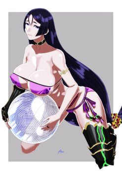 1girl absurdres annimeone7 arm_guards armlet armor ball bare_shoulders beachball beads bikini black_gloves breasts choker cleavage collarbone covered_erect_nipples elbow_gloves eyepatch_bikini fate/grand_order fate_(series) fingerless_gloves gloves greaves highres jewelry kneeling large_breasts long_hair looking_at_viewer minamoto_no_raikou_(fate) minamoto_no_raikou_(fate/grand_order) minamoto_no_raikou_(swimsuit_lancer)_(fate) parted_bangs purple_bikini purple_eyes purple_hair single_elbow_glove single_greave solo swimsuit thighs very_long_hair
