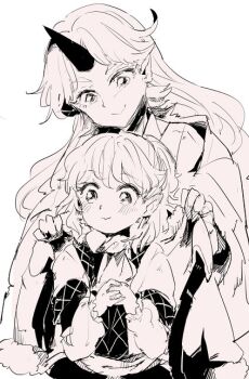 Rule 34 | 2girls, blush, commentary request, ear blush, greyscale, horns, hoshiguma yuugi, japanese clothes, long hair, long sleeves, looking at another, looking down, mizuhashi parsee, monochrome, multiple girls, oni, pointy ears, simple background, smile, touhou, wataichi meko, wide sleeves