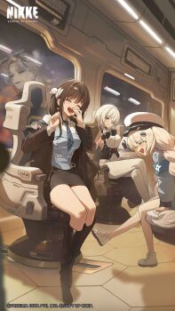 4girls black_coat black_gloves black_hair blue_eyes blue_necktie blue_pants braid brid_(nikke) brid_(silent_track)_(nikke) brown_hair chair closed_eyes coat collared_shirt commentary day diesel_(nikke) diesel_(winter_sweets)_(nikke) english_commentary gloves goddess_of_victory:_nikke grey_hair hair_over_one_eye hat highres holding holding_microphone indoors infinity_rail_(nikke) long_hair looking_at_another microphone multiple_girls necktie nora_(nikke) official_alternate_costume official_art on_chair open_mouth pants shirt sitting smile soline_(frost_ticket)_(nikke) soline_(nikke) train train_interior twin_braids white_hat white_shirt window