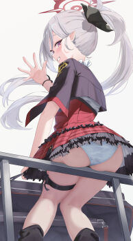 1girl absurdres ass blue_archive flower from_behind grey_hair hair_flower hair_ornament hair_scrunchie halo handrail highres lkovn956271 long_hair looking_at_viewer mesugaki mutsuki_(blue_archive) on_railing open_hand panties pantyshot pointy_ears purple_eyes railing red_halo red_skirt scrunchie side_ponytail sideways_glance sitting skirt solo thigh_strap underwear white_panties