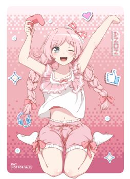 1girl absurdres artist_name bang_dream! bang_dream!_it's_mygo!!!!! blush border bow braid character_name chihaya_anon commentary controller game_controller grey_eyes hair_bow headphones heart highres holding holding_controller holding_game_controller long_hair looking_at_viewer midriff navel pink_bow pink_hair pink_shorts pink_theme pixelated ray_(aesoi345) shirt shorts sitting sleeveless sleeveless_shirt socks solo sparkle twin_braids wariza white_border white_socks