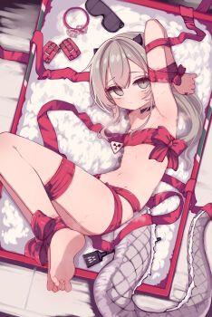 Rule 34 | 1girl, armpits, arms up, barefoot, black choker, black horns, bound, box, brown eyes, brown hair, choker, commentary, cuffs, dragon girl, dragon horns, dragon tail, flat chest, gift, gift box, highres, horns, kimhiro, long hair, looking at viewer, lying, naked ribbon, navel, on side, original, red ribbon, ribbon, ribbon bondage, solo, sweat, tail, toes, unworn collar, unworn cuffs, unworn eyewear, wet, wrapped up